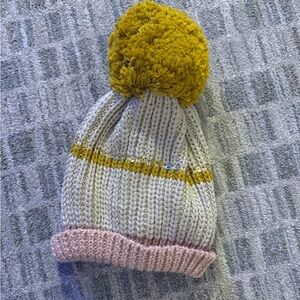 Wild Wawa Baby Knit Pom Pom Beanie - Pink, Cream & Mustard